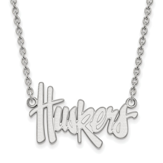 10K White Gold Logoart University Of Nebraska Huskers Script Large Pendant 18 Inch Necklace