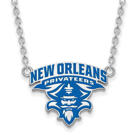 Sterling Silver Rhodium Plated Logoart University Of New Orleans U N O Large Enameled Pendant 18 Inch Necklace