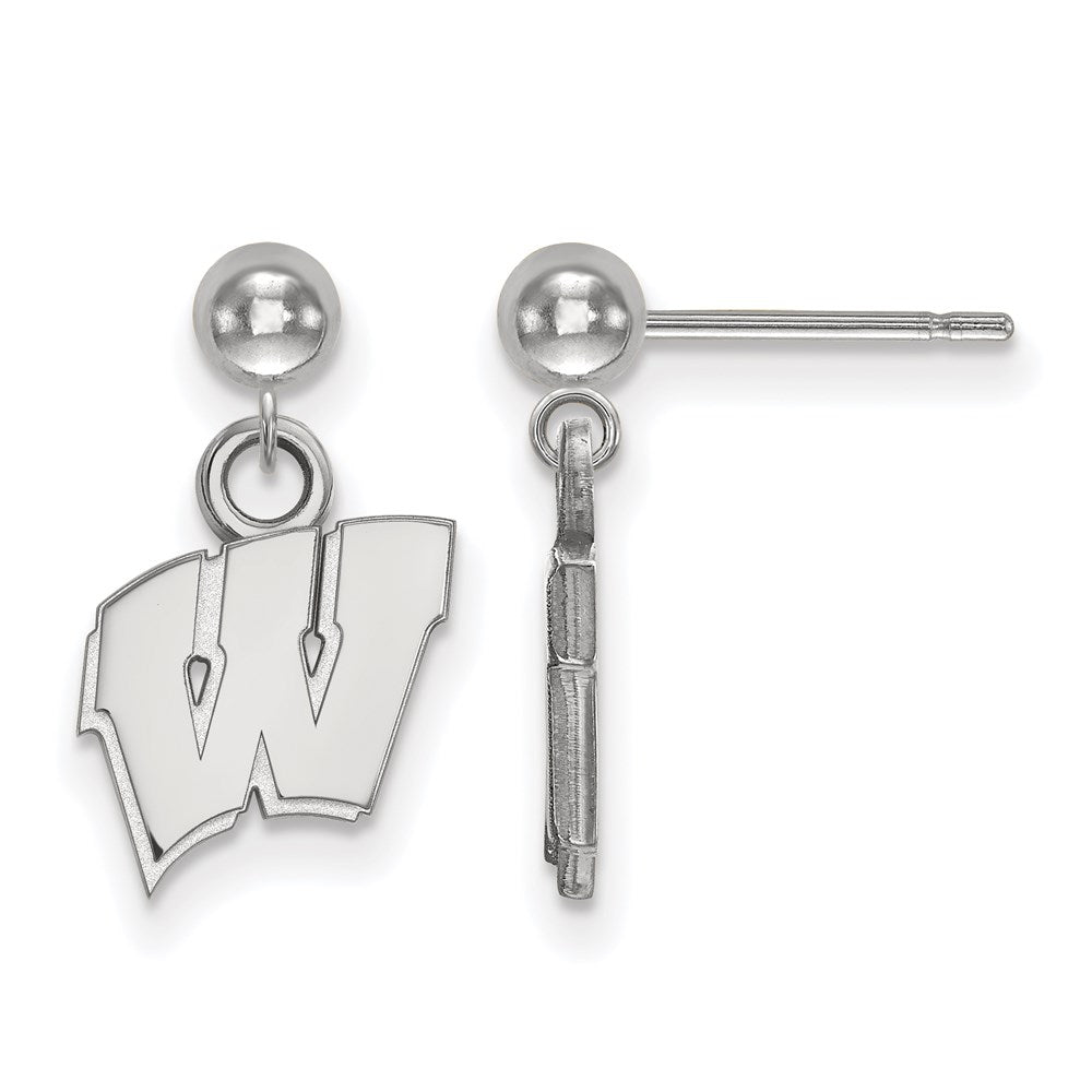 Sterling Silver Rhodium Plated Logoart University Of Wisconsin Letter W Dangle Ball Post Earrings