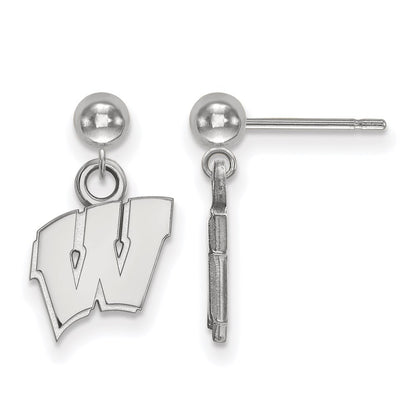 Sterling Silver Rhodium Plated Logoart University Of Wisconsin Letter W Dangle Ball Post Earrings