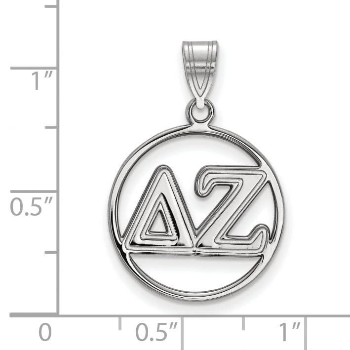 Sterling Silver Rhodium Plated Logoart Delta Zeta Sorority Greek Letters Medium Circle Pendant