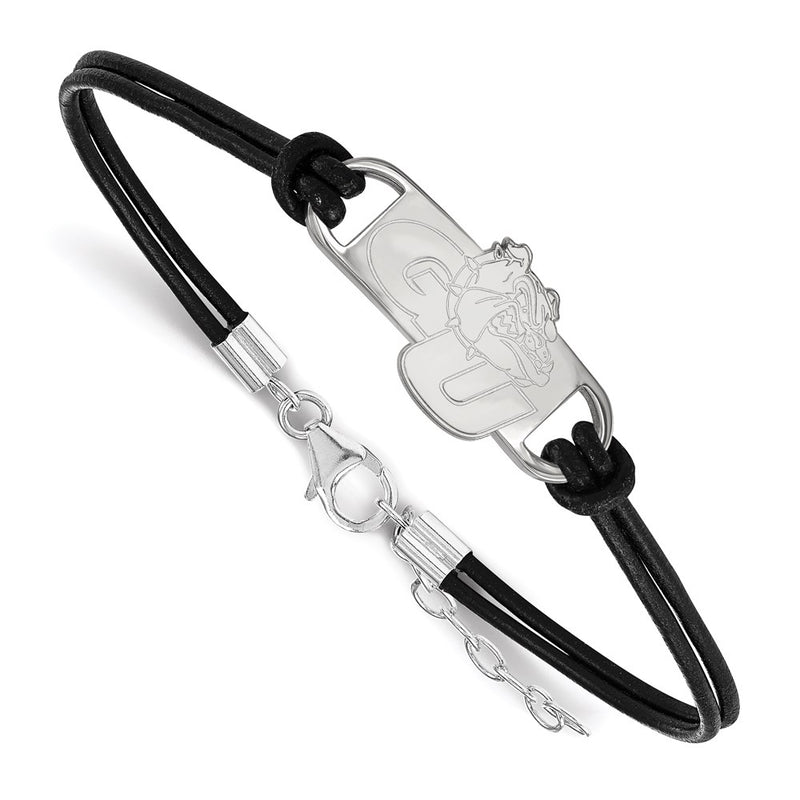 Sterling Silver Rhodium Plated Logoart Gonzaga University G U Bulldog Small Center Black Leather 7 Inch Bracelet With Extender