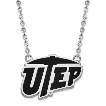 Sterling Silver Rhodium Plated Logoart University Of Texas At El Paso Large Enameled Pendant 18 Inch Necklace