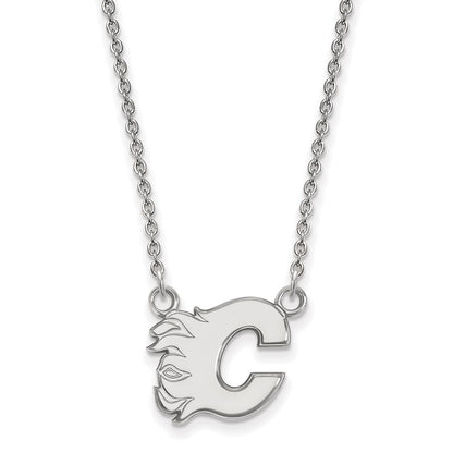 14K White Gold Nhl Logoart Calgary Flames Letter C Small Pendant 18 Inch Necklace