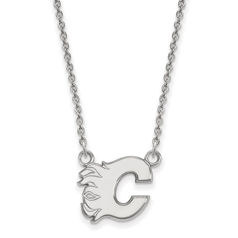 14K White Gold Nhl Logoart Calgary Flames Letter C Small Pendant 18 Inch Necklace
