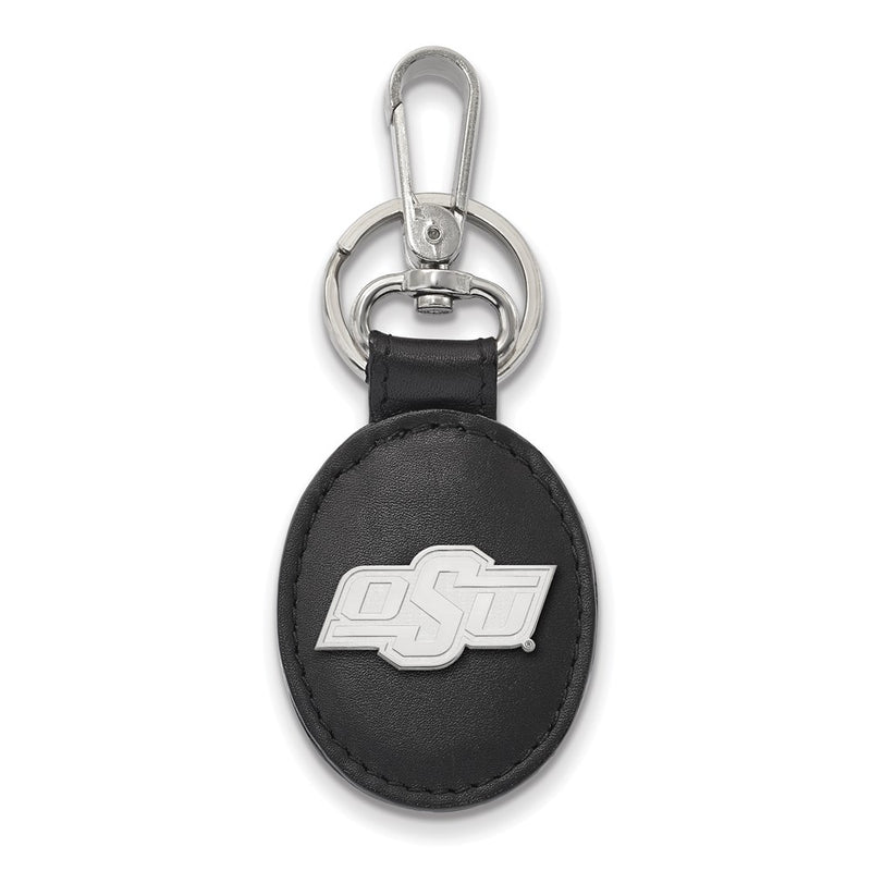 Sterling Silver Rh-P Logoart Oklahoma State University Black Leather Oval Key Ch