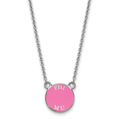 Sterling Silver Rhodium Plated Logoart Phi Mu Extra Sorority Text Small Color Enamel Pendant 18 Inch Necklace