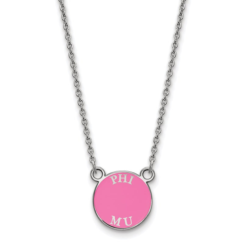 Sterling Silver Rhodium Plated Logoart Phi Mu Extra Sorority Text Small Color Enamel Pendant 18 Inch Necklace