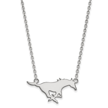 Sterling Silver Rhodium Plated Logoart Southern Methodist University Mustang Large Pendant 18 Inch Necklace