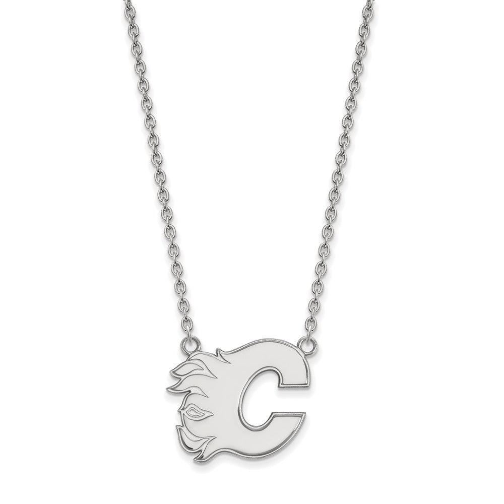 Sterling Silver Rhodium Plated Nhl Logoart Calgary Flames Letter C Large Pendant 18 Inch Necklace