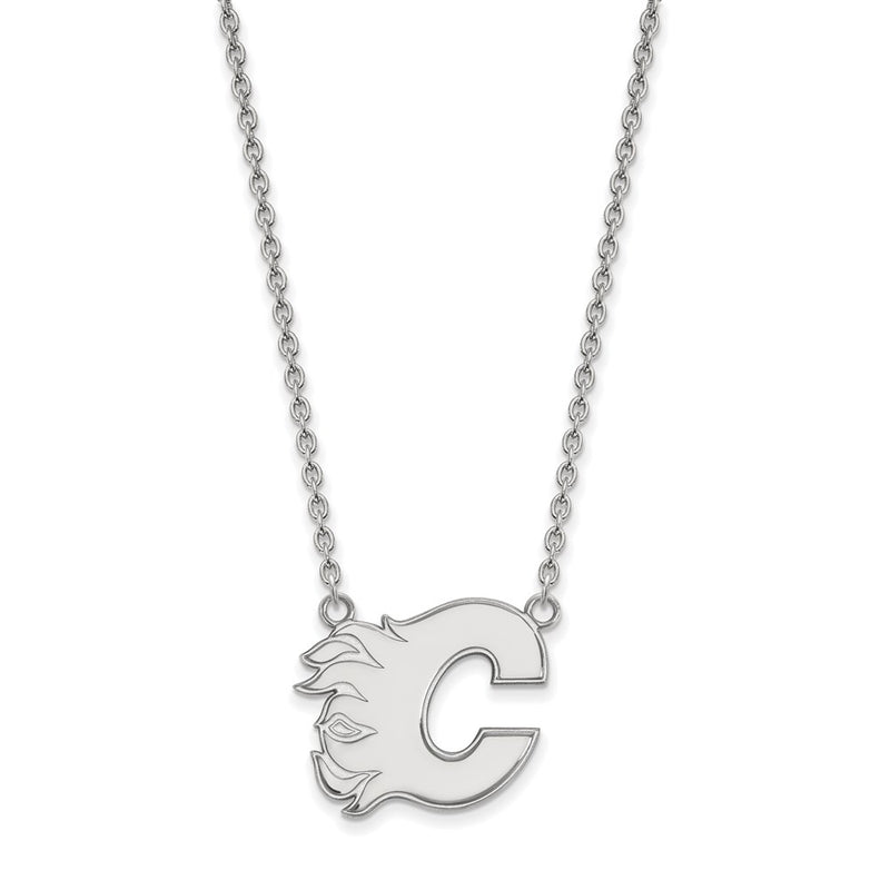 14K White Gold Nhl Logoart Calgary Flames Letter C Large Pendant 18 Inch Necklace