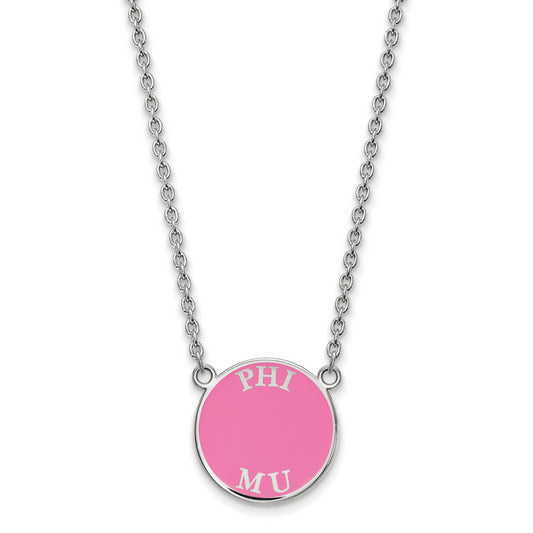 Sterling Silver Rhodium Plated Logoart Phi Mu Sorority Text Small Color Enamel Pendant 18 Inch Necklace