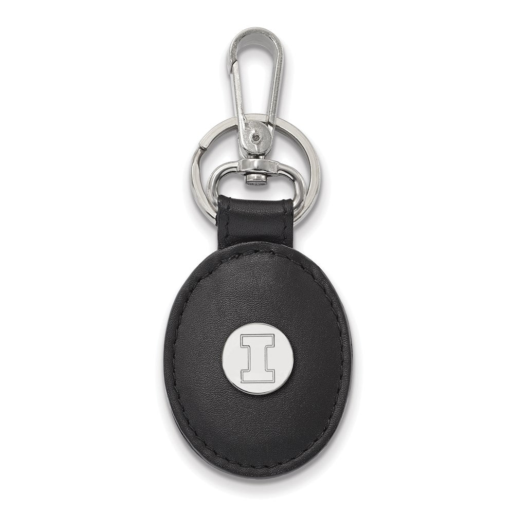 Sterling Silver Rh-P Logoart University of Illinois Black Leather Oval Key Chain