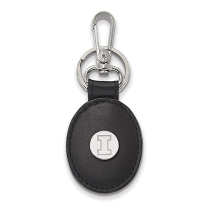 Sterling Silver Rh-P Logoart University of Illinois Black Leather Oval Key Chain