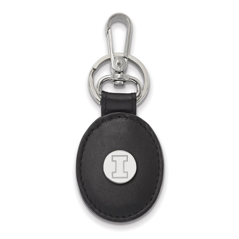 Sterling Silver Rh-P Logoart University of Illinois Black Leather Oval Key Chain