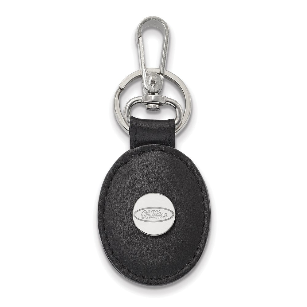 Sterling Silver Rh-P Logoart University of Mississippi Black Leather Oval Key Ch