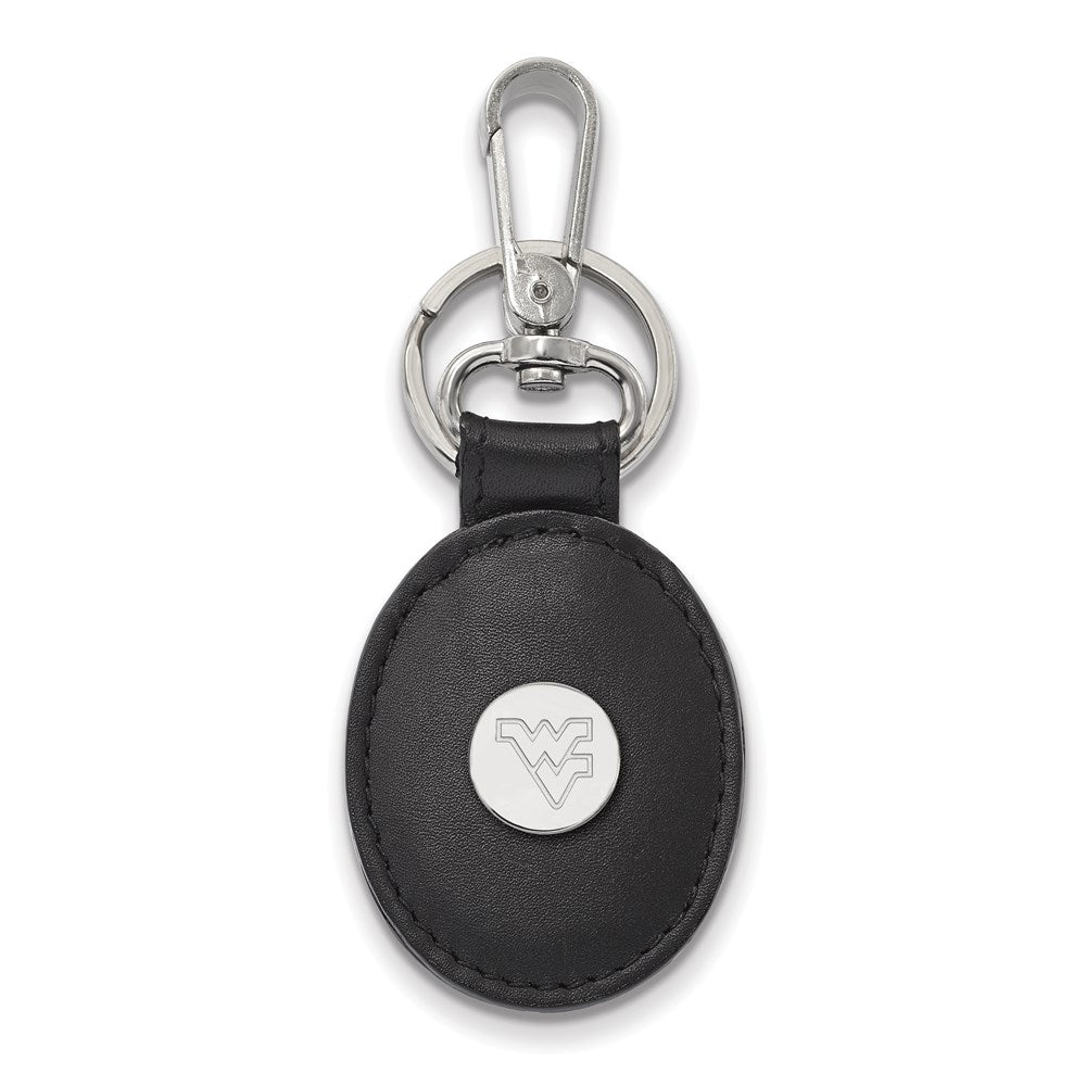 Sterling Silver Rh-P Logoart West Virginia University Black Leather Oval Key Cha