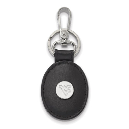 Sterling Silver Rh-P Logoart West Virginia University Black Leather Oval Key Cha