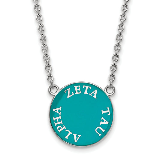 Sterling Silver Rhodium Plated Logoart Zeta Tau Alpha Sorority Text Large Color Enamel Pendant 18 Inch Necklace