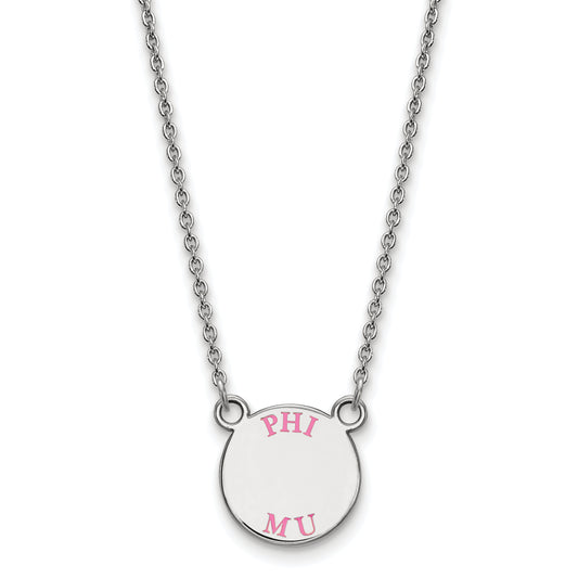 Sterling Silver Rhodium Plated Logoart Phi Mu Extra Sorority Text Small Color Enamel Pendant 18 Inch Necklace