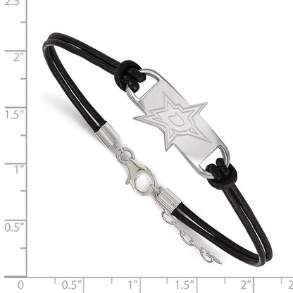 Sterling Silver Rhodium Plated Nhl Logoart Dallas Stars Small Center Black Leather 7 Inch Bracelet With Extender