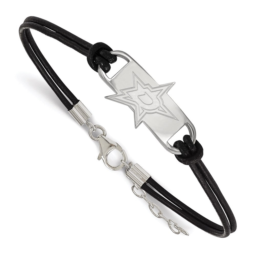 Sterling Silver Rhodium Plated Nhl Logoart Dallas Stars Small Center Black Leather 7 Inch Bracelet With Extender
