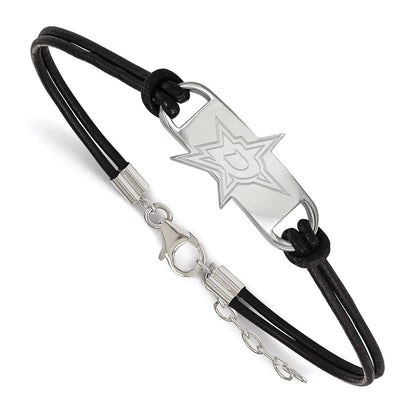 Sterling Silver Rhodium Plated Nhl Logoart Dallas Stars Small Center Black Leather 7 Inch Bracelet With Extender