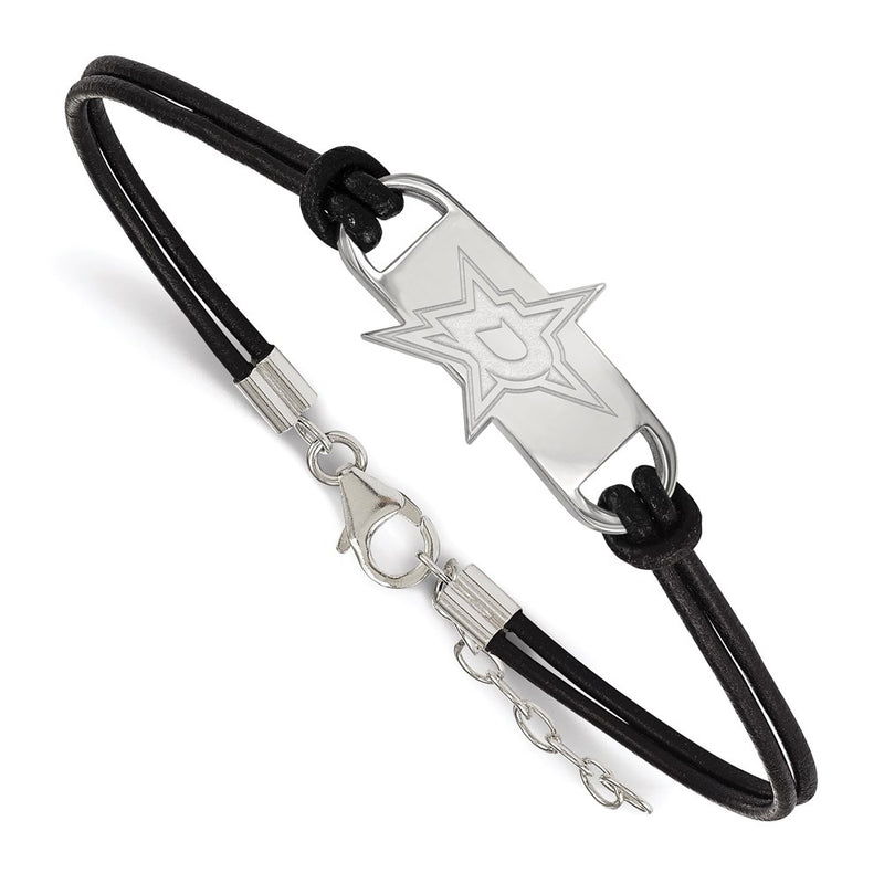 Sterling Silver Rhodium Plated Nhl Logoart Dallas Stars Small Center Black Leather 7 Inch Bracelet With Extender