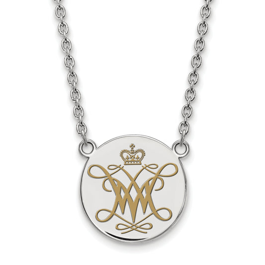 Sterling Silver Rhodium Plated Logoart College Of William And Mary Large Enameled Disc Pendant 18 Inch Necklace
