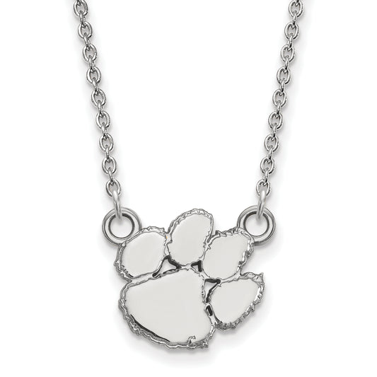 10K White Gold Logoart Clemson University Tiger Paw Small Pendant 18 Inch Necklace