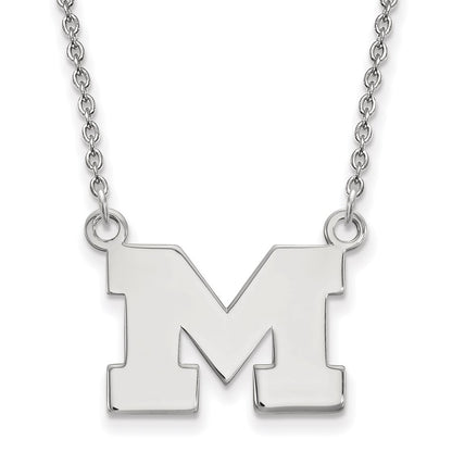 Sterling Silver Rhodium Plated Logoart University Of Michigan Letter M Small Pendant 18 Inch Necklace