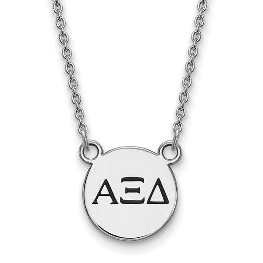 Sterling Silver Rhodium Plated Logoart Alpha Xi Delta Sorority Greek Letters Small Black Enamel Pendant 18 Inch Necklace