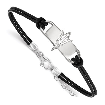 Sterling Silver Rhodium Plated Logoart Arizona State University Pitchfork Small Center Black Leather 7 Inch Bracelet With Extender