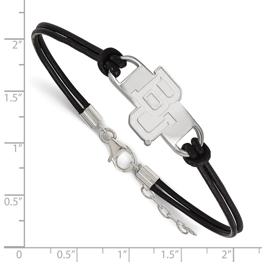 Sterling Silver Rhodium Plated Logoart Baylor University Bears Small Center Black Leather 7 Inch Bracelet With Extender