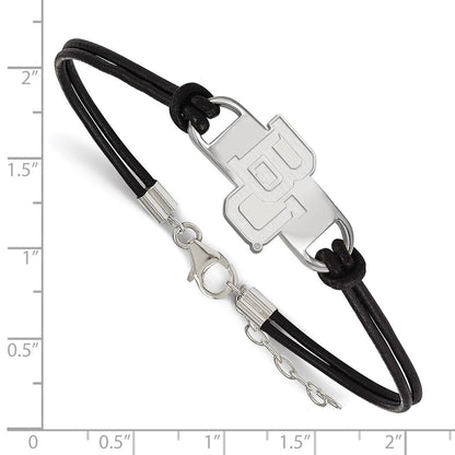 Sterling Silver Rhodium Plated Logoart Baylor University Bears Small Center Black Leather 7 Inch Bracelet With Extender