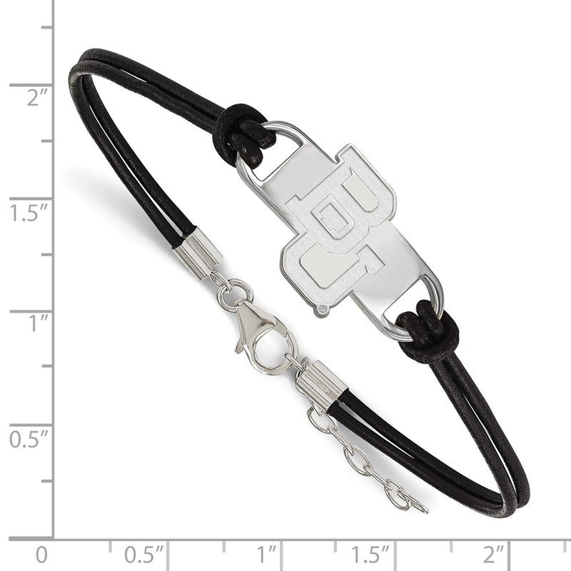 Sterling Silver Rhodium Plated Logoart Baylor University Bears Small Center Black Leather 7 Inch Bracelet With Extender