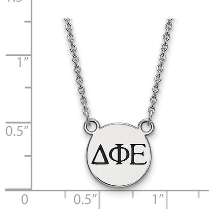 Sterling Silver Rhodium Plated Logoart Delta Phi Epsilon Sorority Greek Letters Small Black Enamel Pendant 18 Inch Necklace