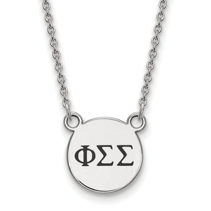 Sterling Silver Rhodium Plated Logoart Phi Sigma Sorority Greek Letters Small Black Enamel Pendant 18 Inch Necklace