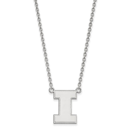 Sterling Silver Rhodium Plated Logoart University Of Illinois Letter I Large Pendant 18 Inch Necklace