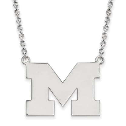 Sterling Silver Rhodium Plated Logoart University Of Michigan Letter M Large Pendant 18 Inch Necklace