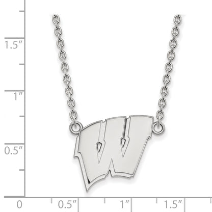 Sterling Silver Rhodium Plated Logoart University Of Wisconsin Letter W Large Pendant 18 Inch Necklace