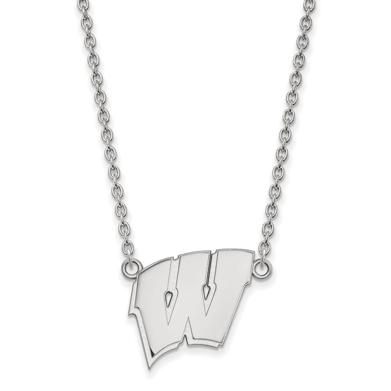 Sterling Silver Rhodium Plated Logoart University Of Wisconsin Letter W Large Pendant 18 Inch Necklace
