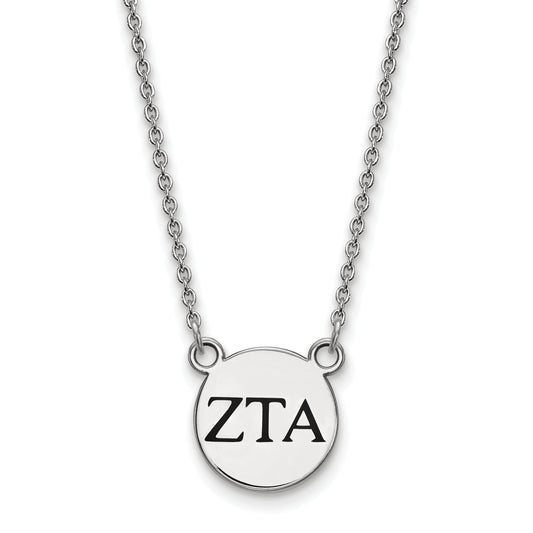 Sterling Silver Rhodium Plated Logoart Zeta Tau Alpha Sorority Greek Letters Small Black Enamel Pendant 18 Inch Necklace