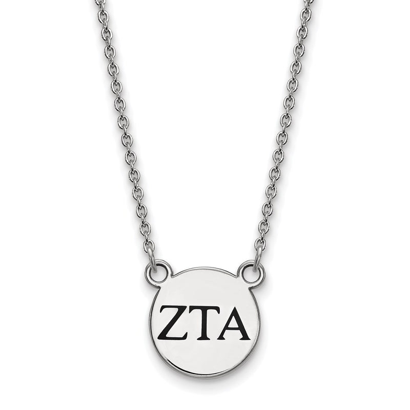 Sterling Silver Rhodium Plated Logoart Zeta Tau Alpha Sorority Greek Letters Small Black Enamel Pendant 18 Inch Necklace