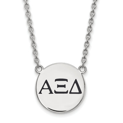 Sterling Silver Rhodium Plated Logoart Alpha Xi Delta Sorority Greek Letters Large Black Enamel Pendant 18 Inch Necklace