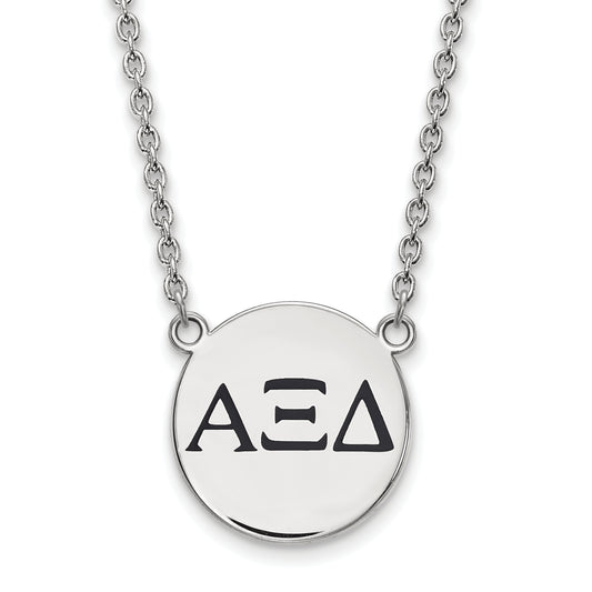 Sterling Silver Rhodium Plated Logoart Alpha Xi Delta Sorority Greek Letters Large Black Enamel Pendant 18 Inch Necklace