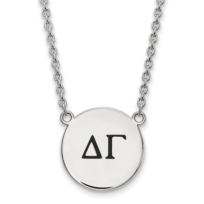 Sterling Silver Rhodium Plated Logoart Delta Gamma Sorority Greek Letters Large Black Enamel Pendant 18 Inch Necklace
