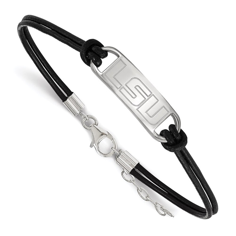 Sterling Silver Rhodium Plated Logoart Louisiana State University L S U Small Center Black Leather 7 Inch Bracelet With Extender
