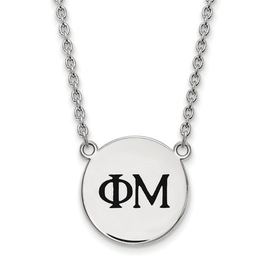 Sterling Silver Rhodium Plated Logoart Phi Mu Sorority Greek Letters Small Black Enamel Pendant 18 Inch Necklace