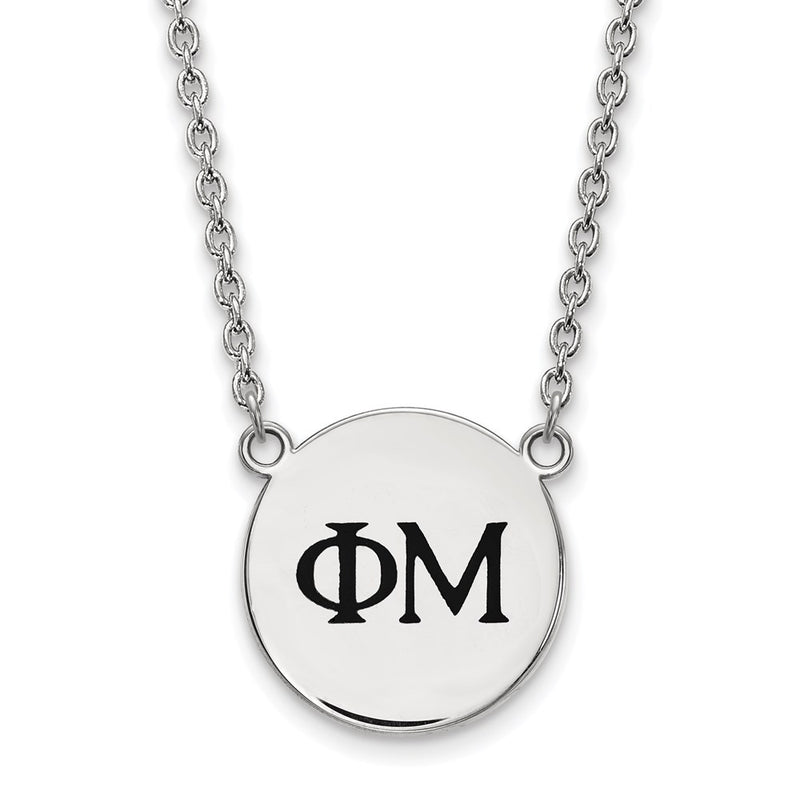 Sterling Silver Rhodium Plated Logoart Phi Mu Sorority Greek Letters Small Black Enamel Pendant 18 Inch Necklace